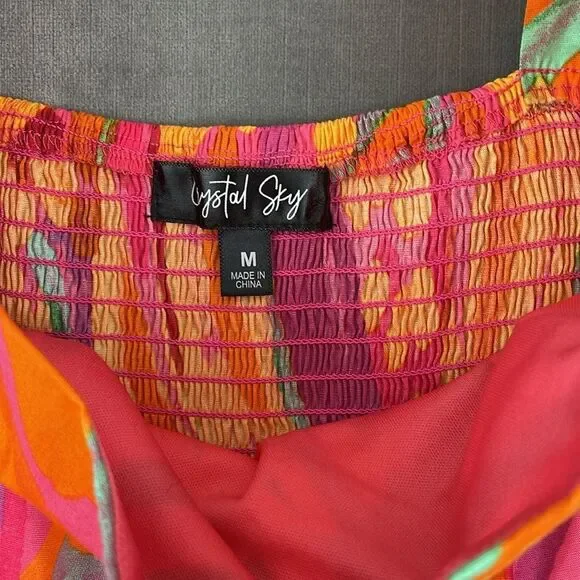 Crystal Sky Brush Pink Floral Tiered Puff Short Sleeve Cotton Midi Dress Size M - Picture 10 of 11